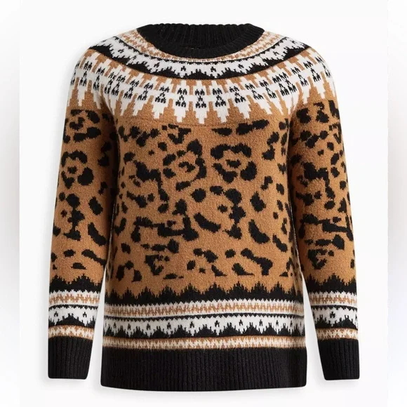 Torrid Vegan Cashmere Leopard Print Fair Isle Sweater Black Tan Size 1X - Picture 2 of 6
